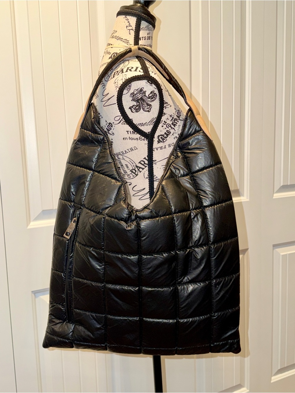 Black Quilted Shoulder Bag with Zipper Pocket